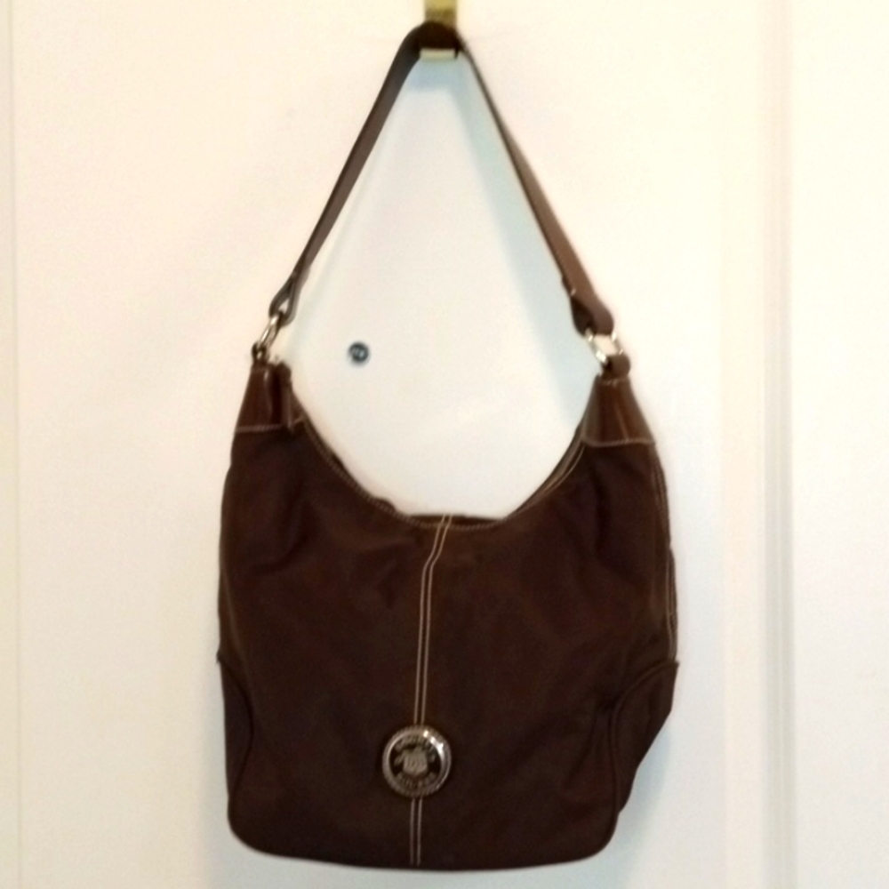 Dooney & Bourke authentic brown canvas bag w/ leather trim, silver hardware, EUC